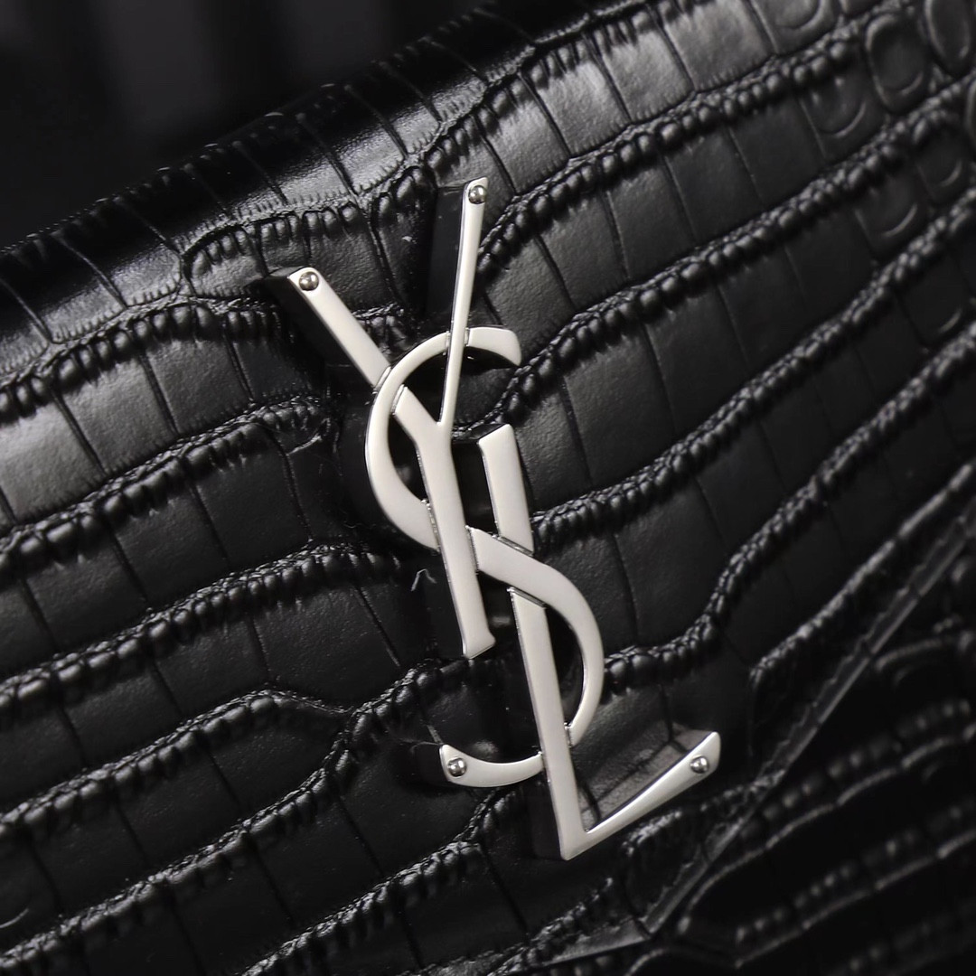 YSL UPTOWN POUCH IN CROCODILE-EMBOSSED SHINY LEATHER BLACK 10.6 X 6.2 X 0.7 INCHES