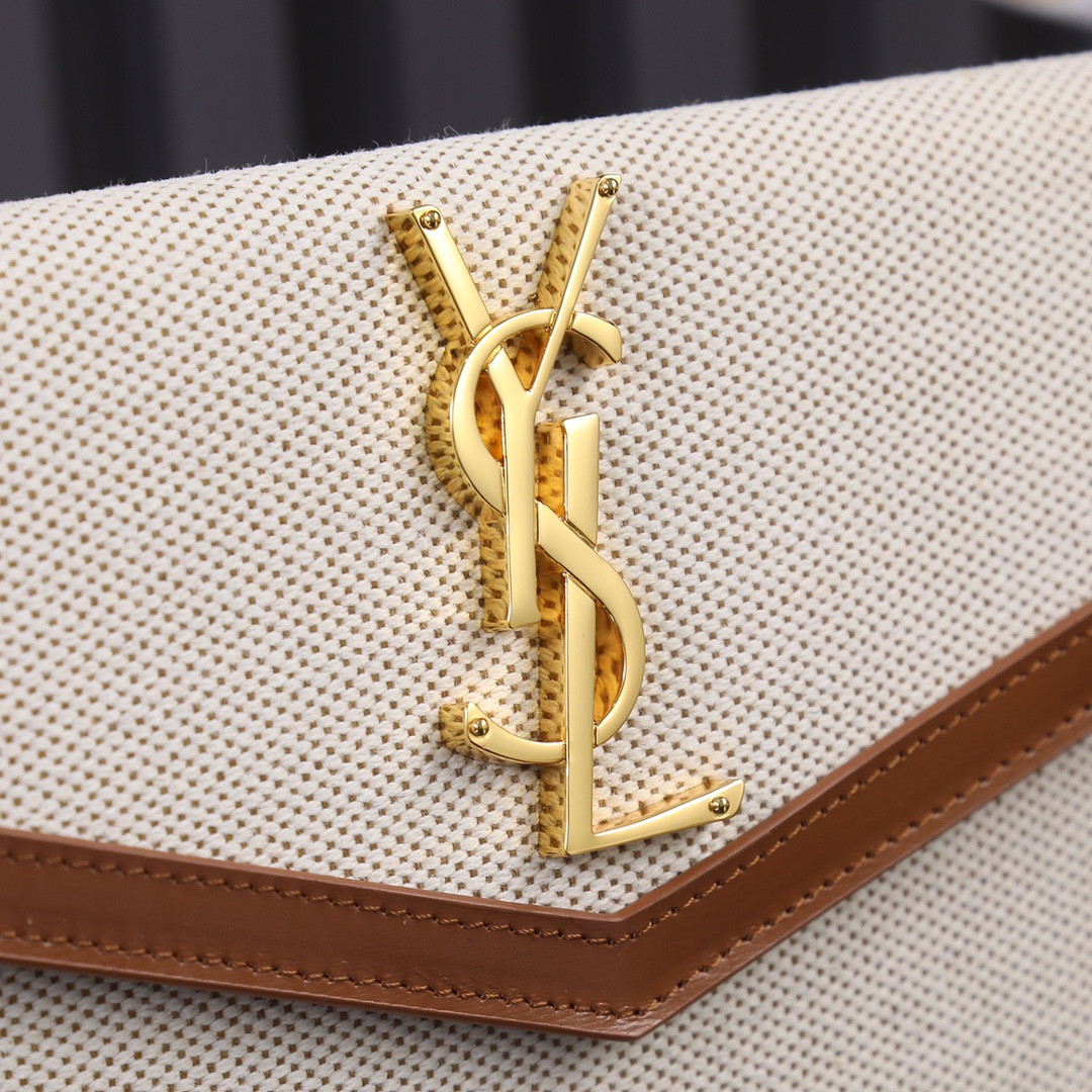 YSL UPTOWN POUCH IN CANVAS AND SMOOTH LEATHER NATURAL BEIGE 10.6 X 6.2 X 0.7 INCHES