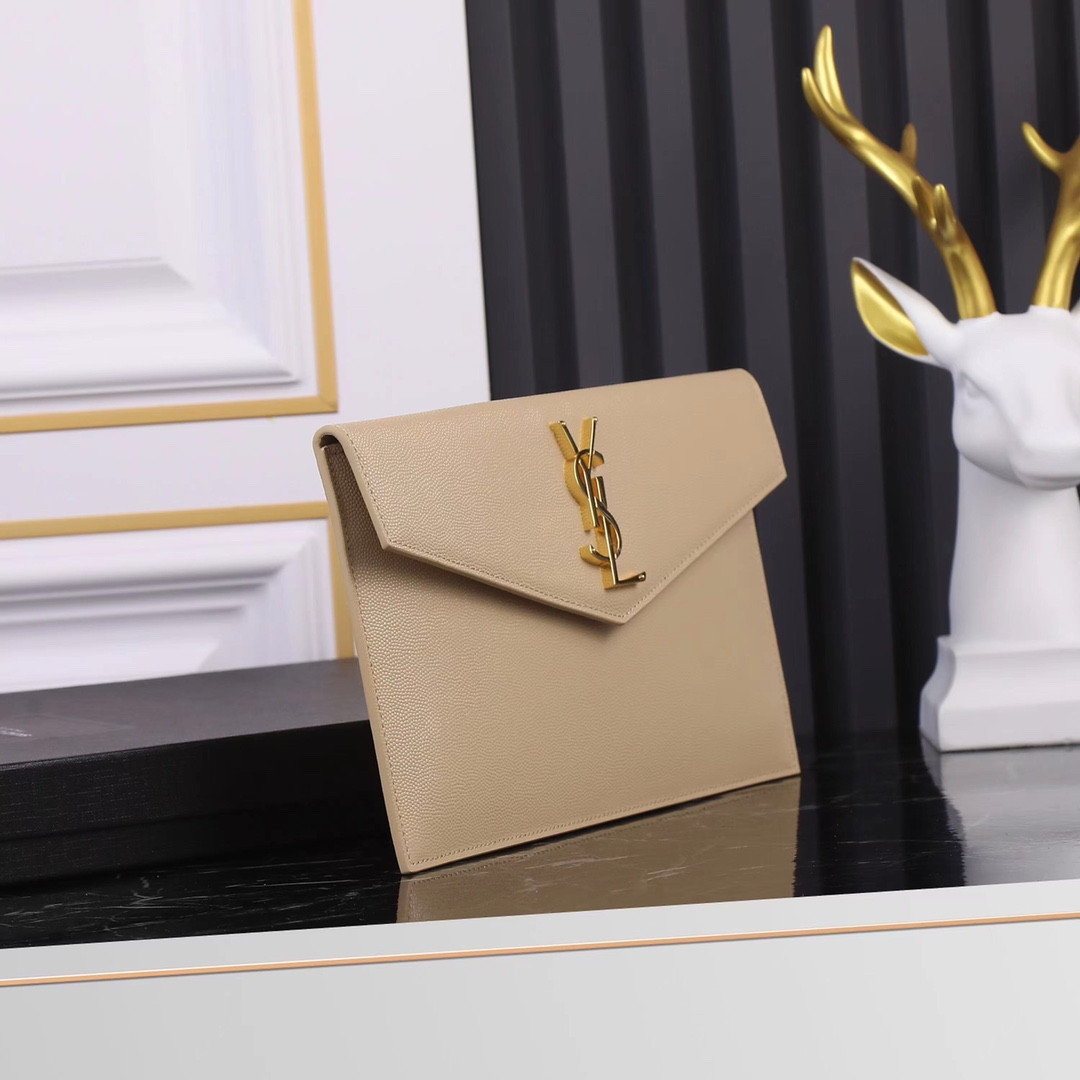 YSL UPTOWN POUCH IN GRAIN DE POUDRE EMBOSSED LEATHER DARK BEIGE 10.6 X 6.2 X 0.7 INCHES