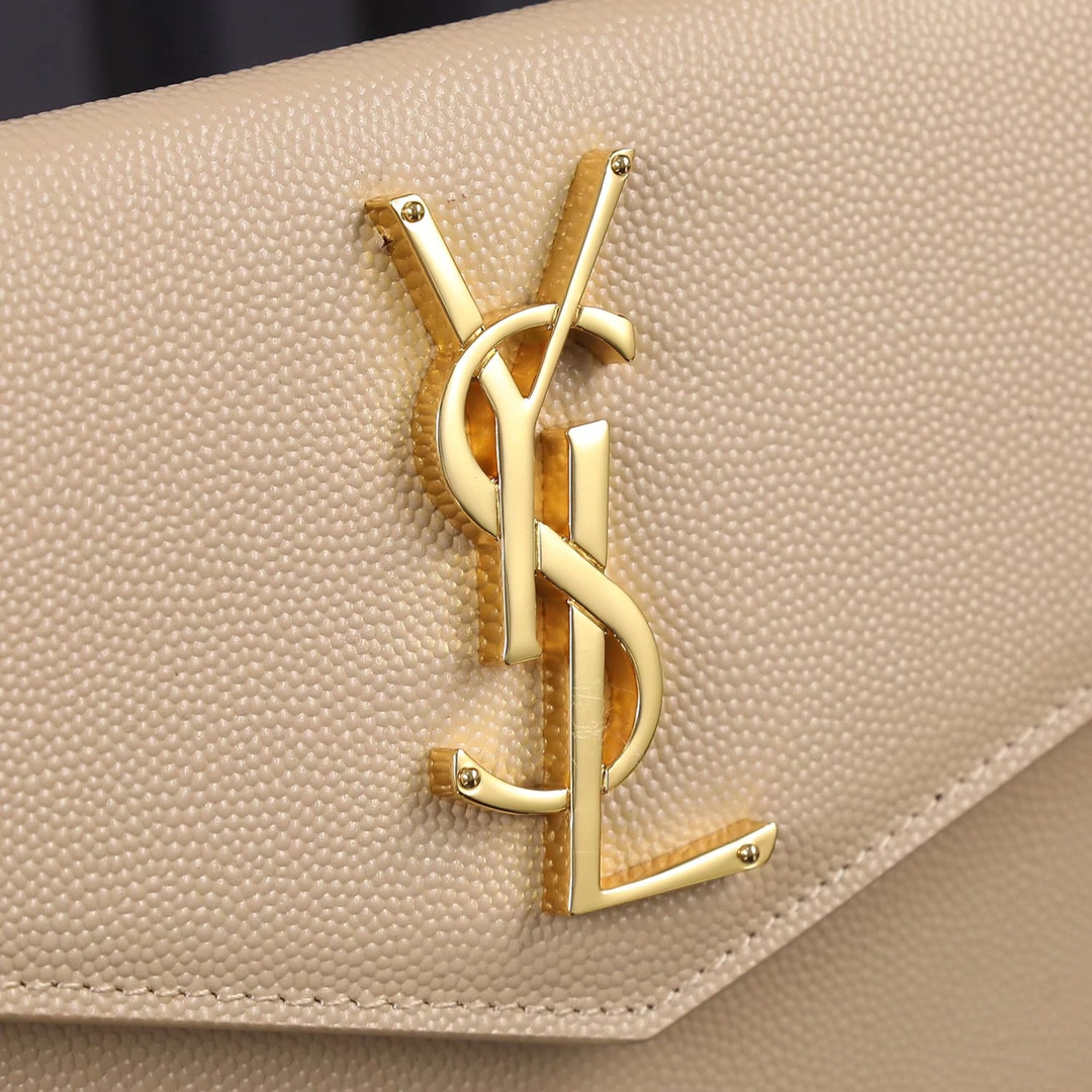YSL UPTOWN POUCH IN GRAIN DE POUDRE EMBOSSED LEATHER DARK BEIGE 10.6 X 6.2 X 0.7 INCHES