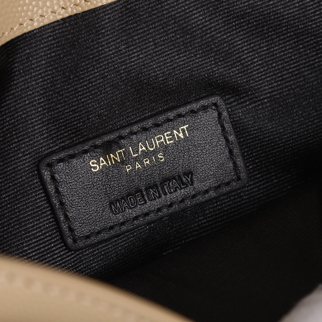 YSL UPTOWN POUCH IN GRAIN DE POUDRE EMBOSSED LEATHER DARK BEIGE 10.6 X 6.2 X 0.7 INCHES