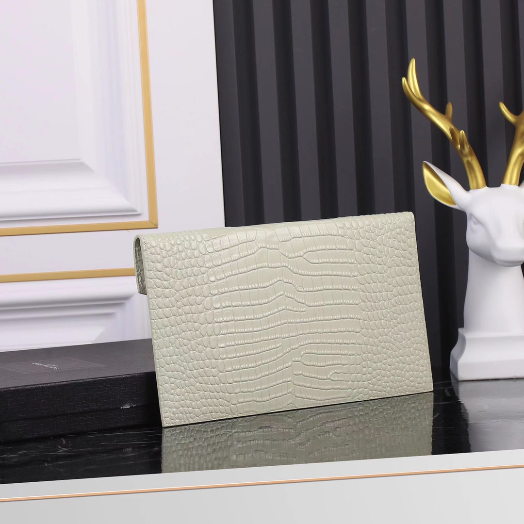 YSL UPTOWN POUCH IN CROCODILE-EMBOSSED SHINY LEATHER BLANC VINTAGE 10.6 X 6.2 X 0.7 INCHES