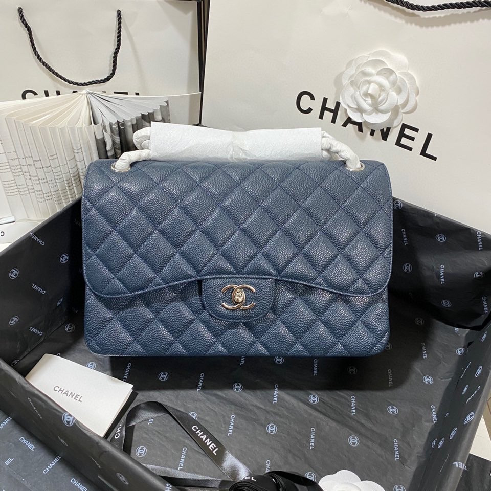 Chanel Classic Flap Jumbo 30cm CF Blue Silver 7.6 × 11.7 × 3.9 in