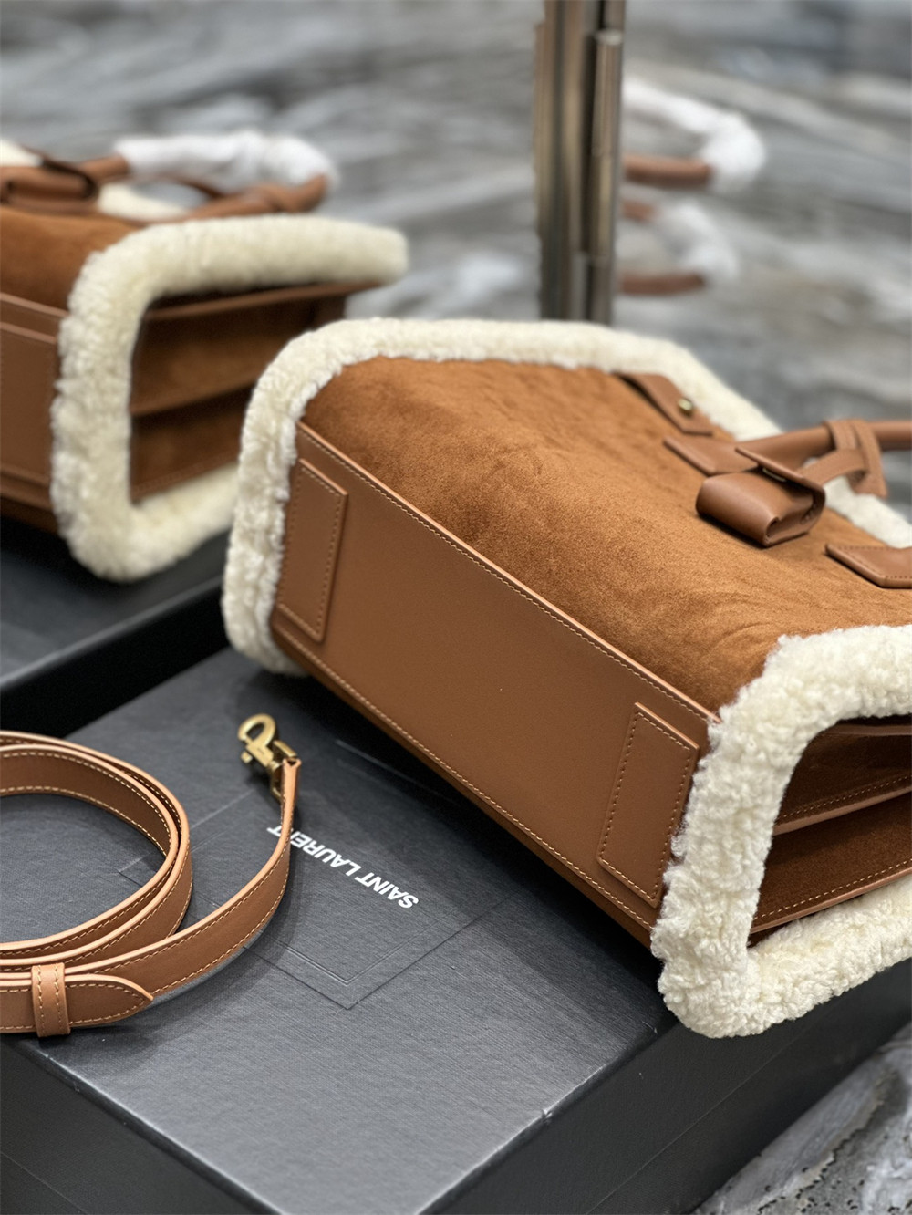 YSL SAC DE JOUR SUPPLE SAMLL IN SUEDE AND SHEARLING DARK CIGAR AND NATURAL BEIGE