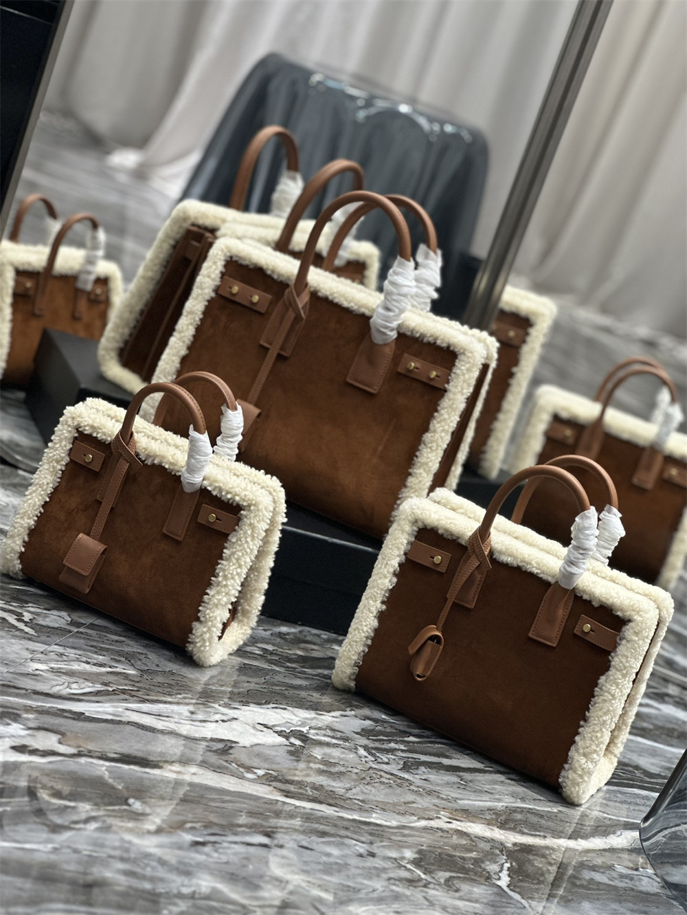 YSL SAC DE JOUR SUPPLE BABY IN SUEDE AND SHEARLING DARK CIGAR AND NATURAL BEIGE