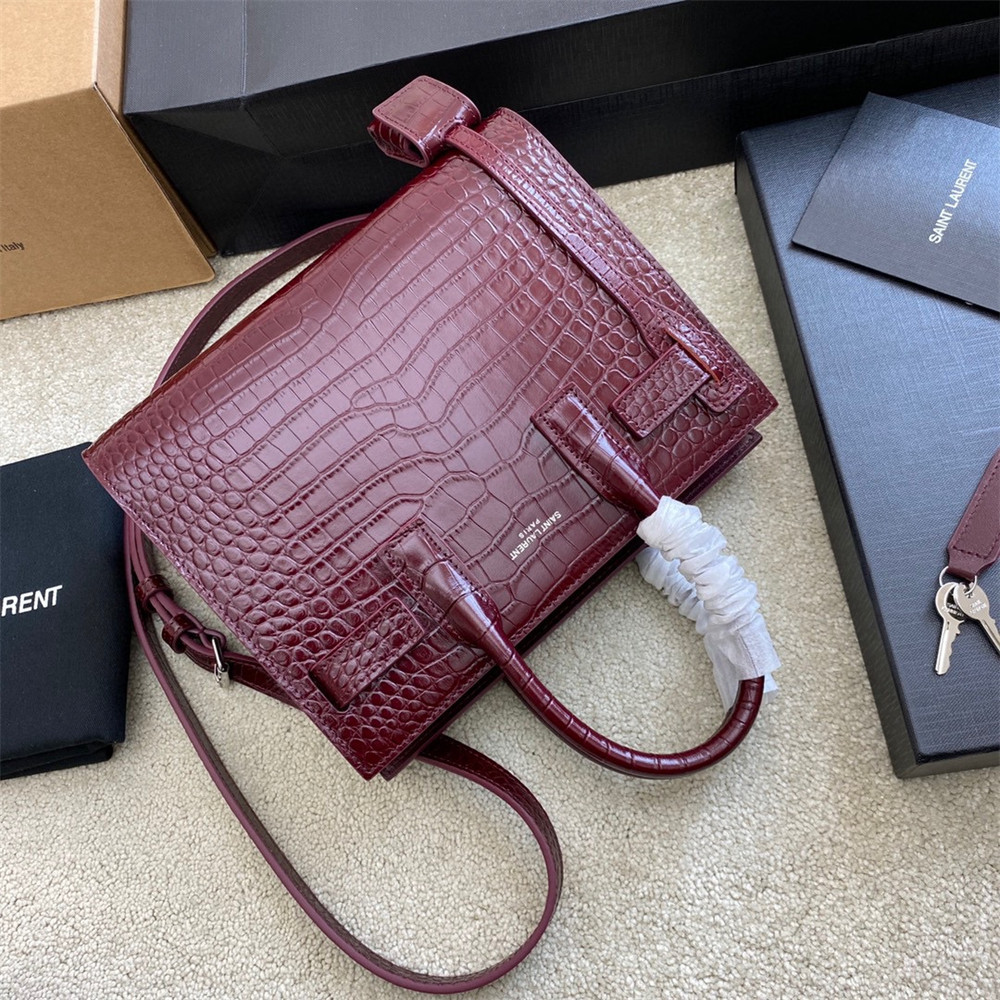YSL SAC DE JOUR NANO IN CROCODILE EMBOSSED LEATHER ROUGE LEGION 8.6 X 6.8 X 3.5 INCHES