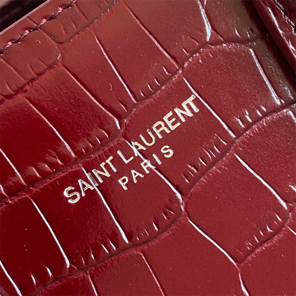 YSL SAC DE JOUR NANO IN CROCODILE EMBOSSED LEATHER ROUGE LEGION 8.6 X 6.8 X 3.5 INCHES