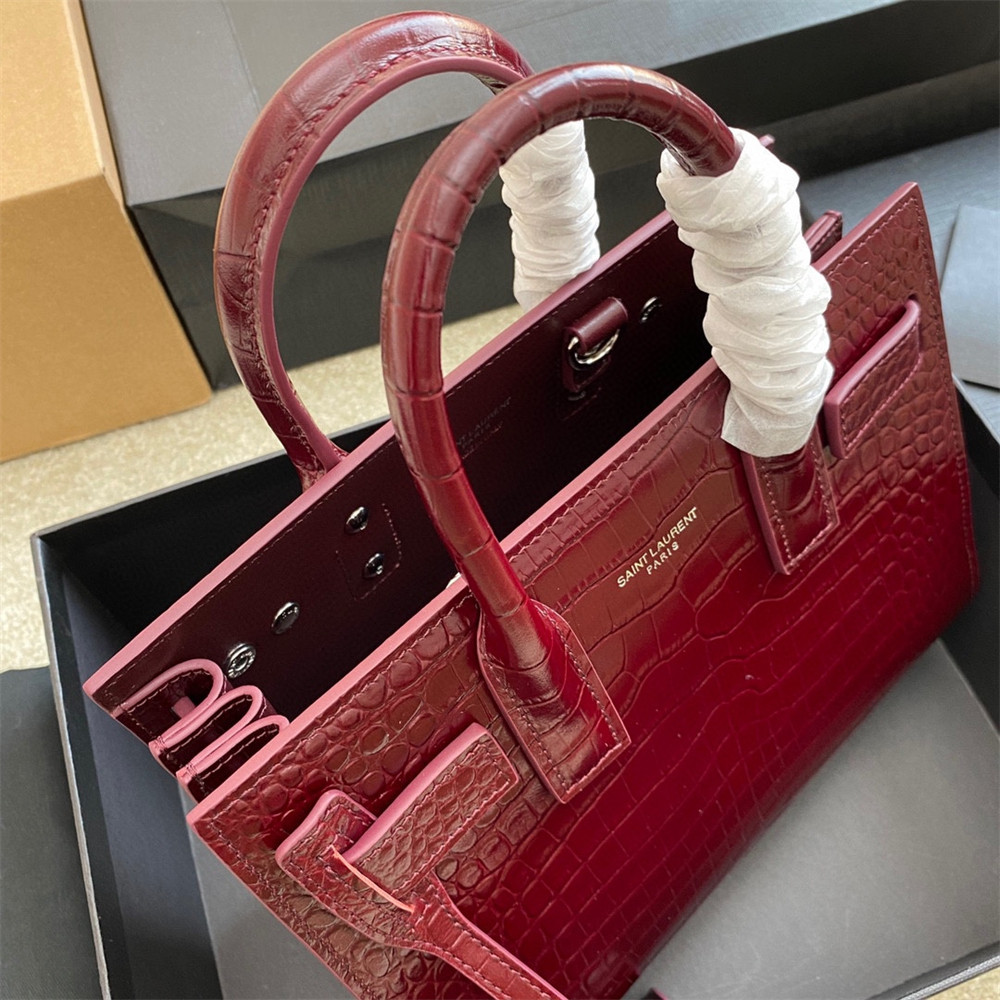 YSL SAC DE JOUR NANO IN CROCODILE EMBOSSED LEATHER ROUGE LEGION 8.6 X 6.8 X 3.5 INCHES