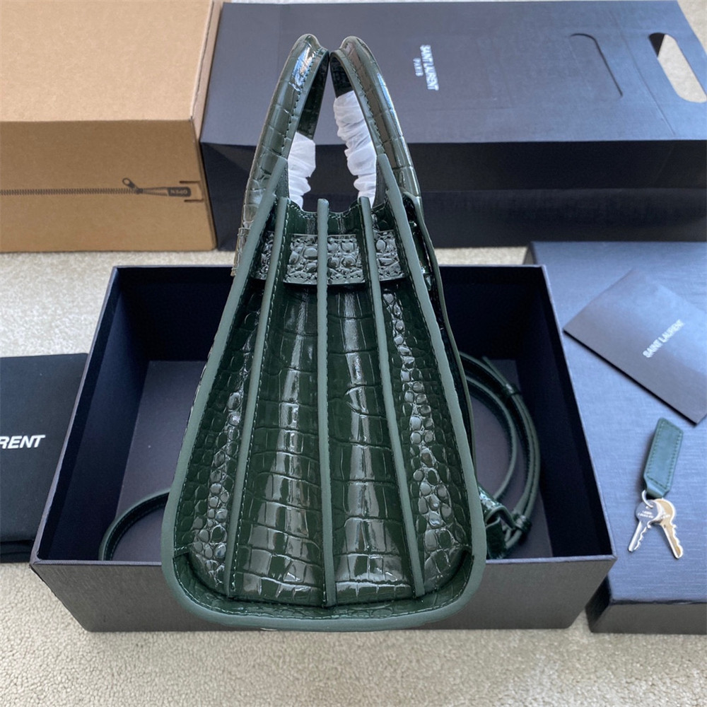 YSL SAC DE JOUR NANO IN CROCODILE EMBOSSED LEATHER GREEN 8.6 X 6.8 X 3.5 INCHES