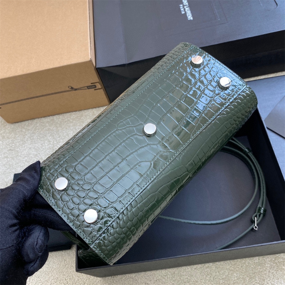 YSL SAC DE JOUR NANO IN CROCODILE EMBOSSED LEATHER GREEN 8.6 X 6.8 X 3.5 INCHES