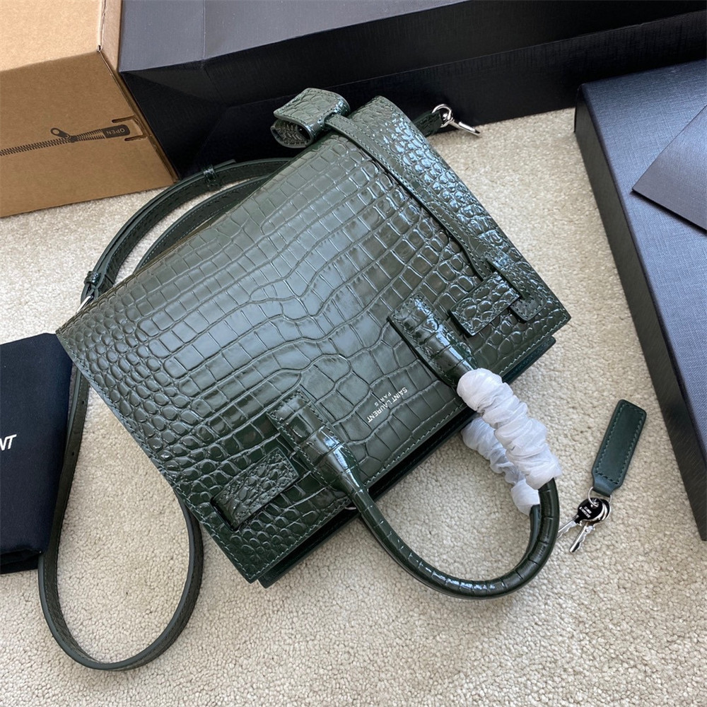 YSL SAC DE JOUR NANO IN CROCODILE EMBOSSED LEATHER GREEN 8.6 X 6.8 X 3.5 INCHES