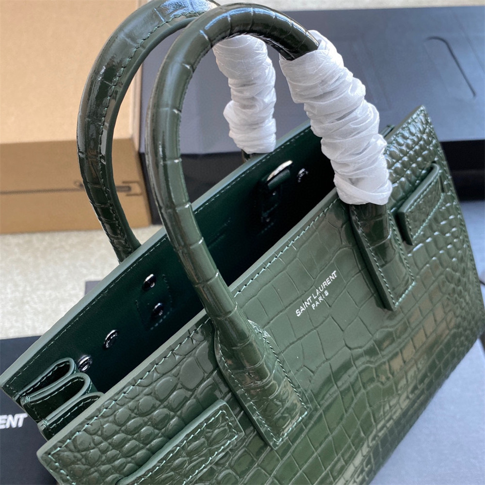 YSL SAC DE JOUR NANO IN CROCODILE EMBOSSED LEATHER GREEN 8.6 X 6.8 X 3.5 INCHES
