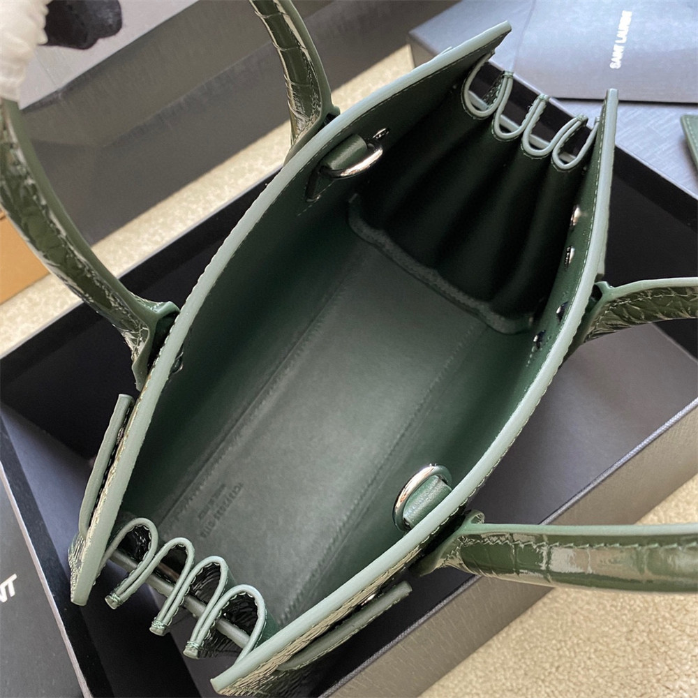 YSL SAC DE JOUR NANO IN CROCODILE EMBOSSED LEATHER GREEN 8.6 X 6.8 X 3.5 INCHES