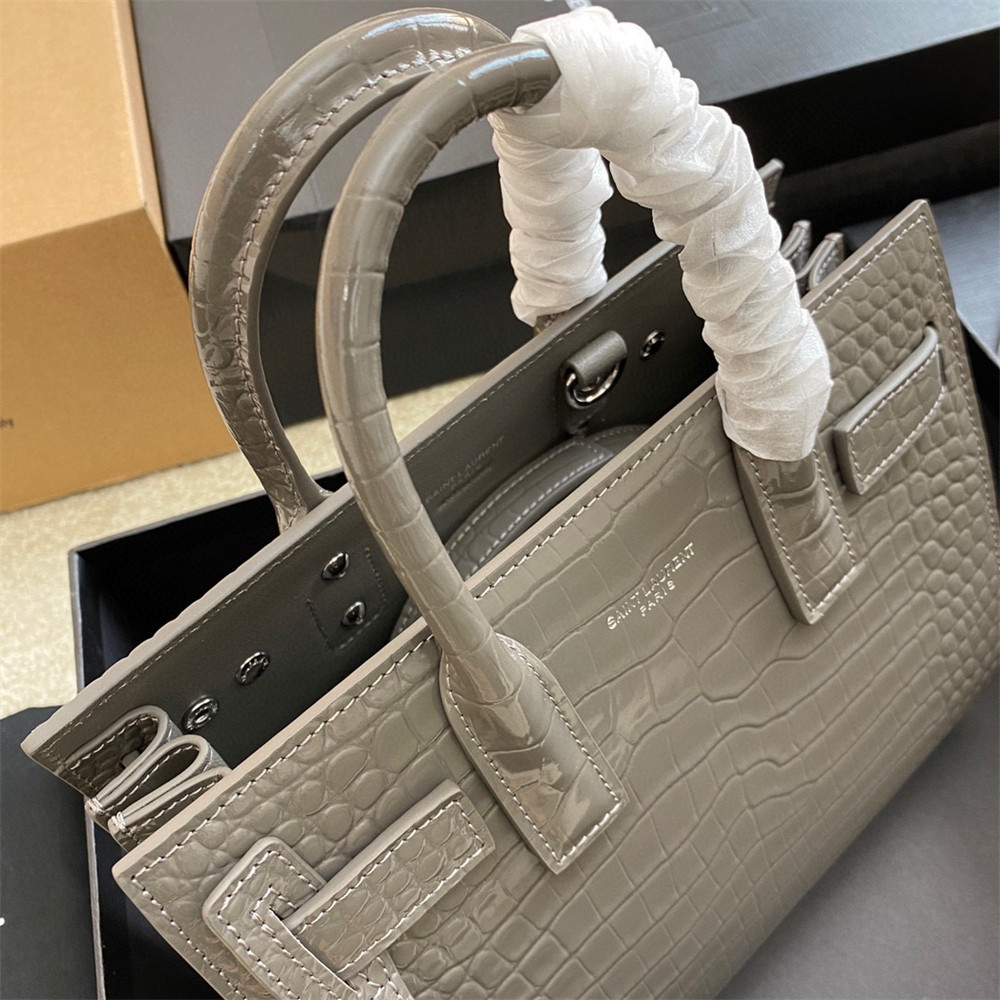 YSL SAC DE JOUR NANO IN CROCODILE EMBOSSED LEATHER DARK GREY 8.6 X 6.8 X 3.5 INCHES