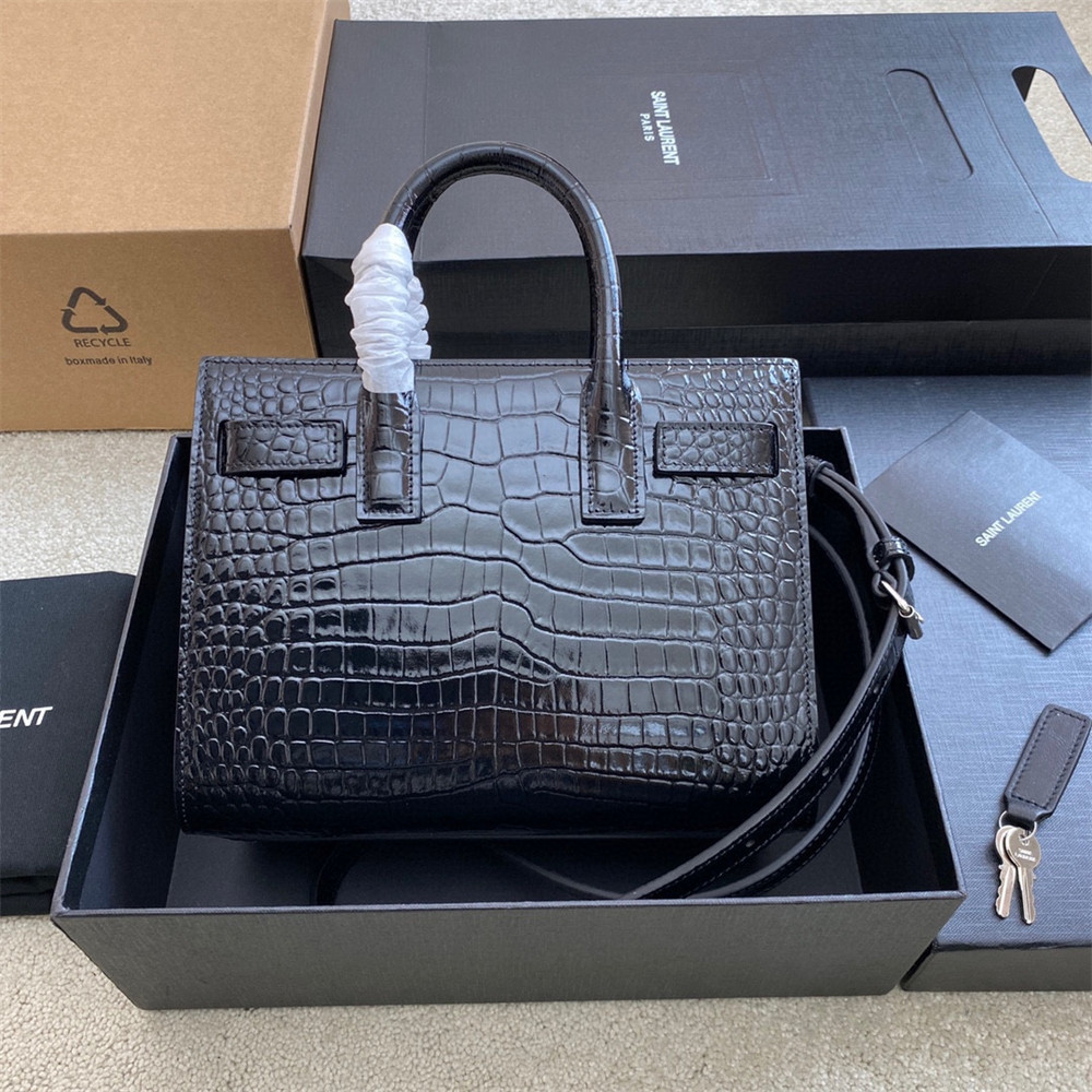 YSL SAC DE JOUR NANO IN CROCODILE EMBOSSED LEATHER BLACK 8.6 X 6.8 X 3.5 INCHES