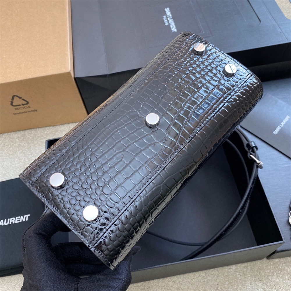 YSL SAC DE JOUR NANO IN CROCODILE EMBOSSED LEATHER BLACK 8.6 X 6.8 X 3.5 INCHES