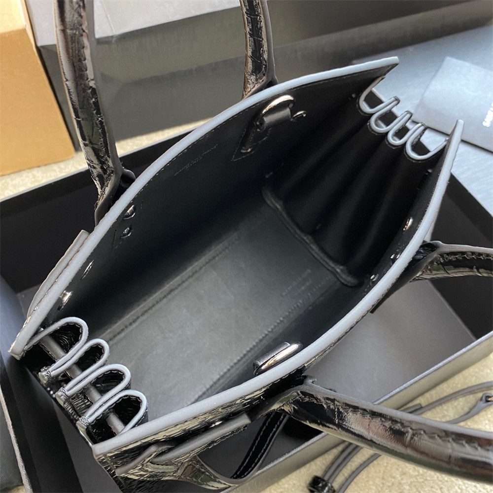 YSL SAC DE JOUR NANO IN CROCODILE EMBOSSED LEATHER BLACK 8.6 X 6.8 X 3.5 INCHES