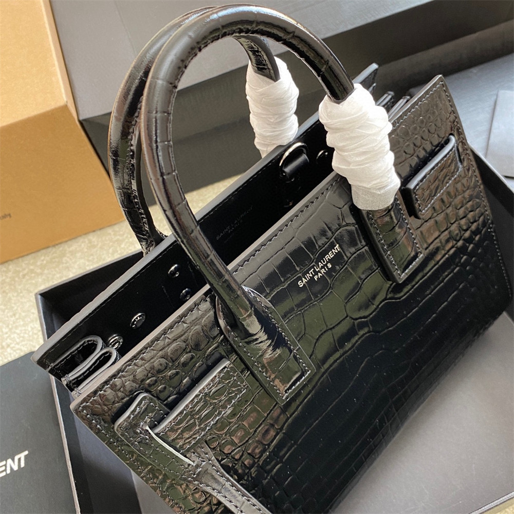 YSL SAC DE JOUR NANO IN CROCODILE EMBOSSED LEATHER BLACK 8.6 X 6.8 X 3.5 INCHES