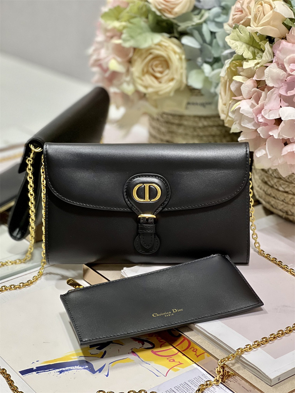 DIOR BOBBY EAST-WEST POUCH WITH CHAIN Latte Smooth Calfskin Black