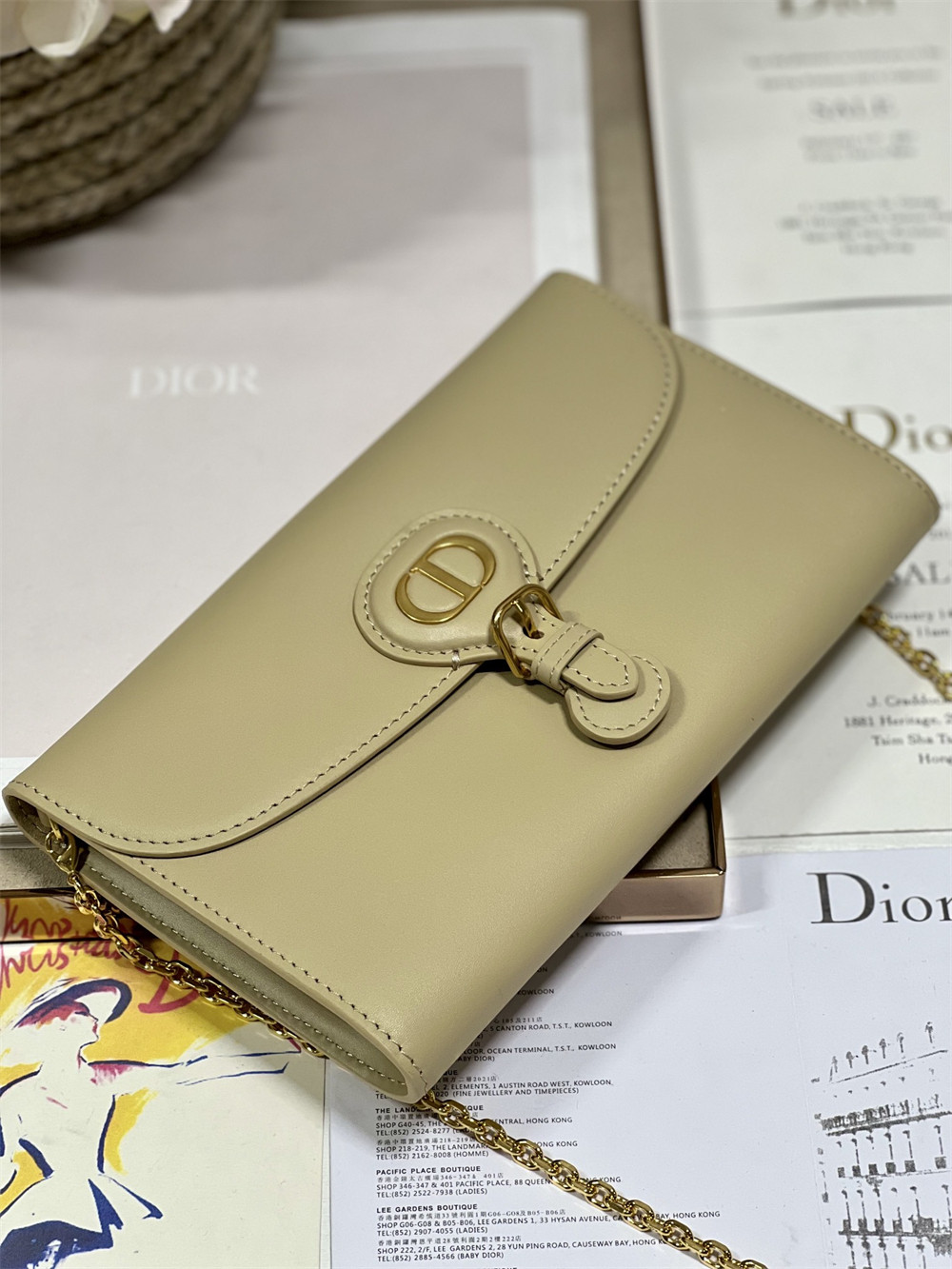 DIOR BOBBY EAST-WEST POUCH WITH CHAIN Latte Smooth Calfskin Apricot
