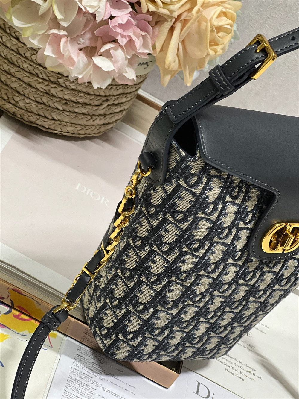 Dior 30 Montaigne Large Chain Bucket Bag Oblique Jacquard and Calfskin