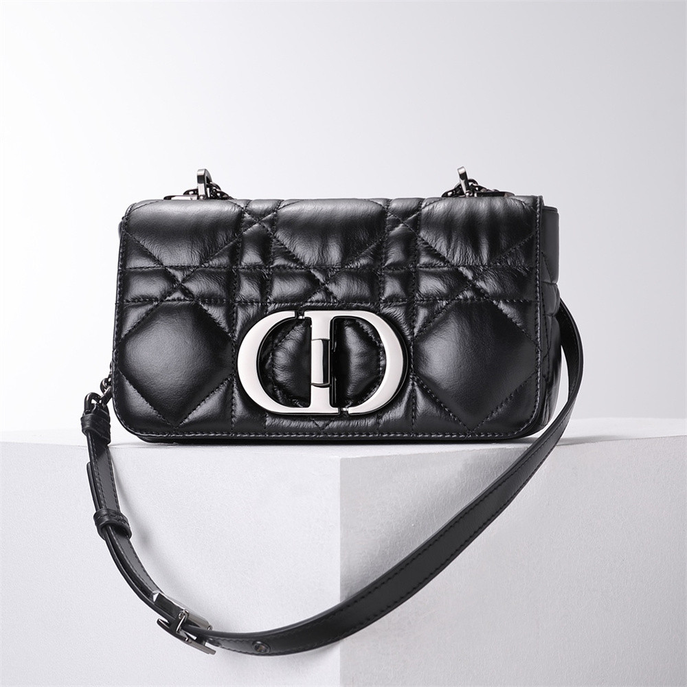 SMALL DIOR CARO BAG BLACK Supple Cannage Calfskin With Silver Hardware 20 x 12 x 7 cm