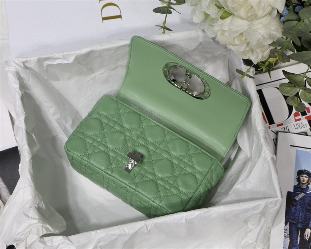 SMALL DIOR CARO BAG gREEN Supple Cannage Calfskin With Silver Hardware 20 x 12 x 7 cm