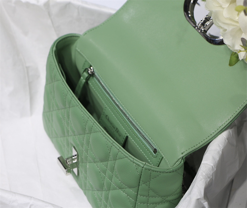 SMALL DIOR CARO BAG gREEN Supple Cannage Calfskin With Silver Hardware 20 x 12 x 7 cm