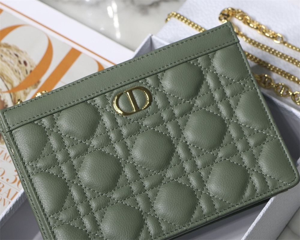 DIOR CARO ZIPPED POUCH WITH CHAIN Green Supple Cannage Calfskin 19 x 14 x 4.5 cm