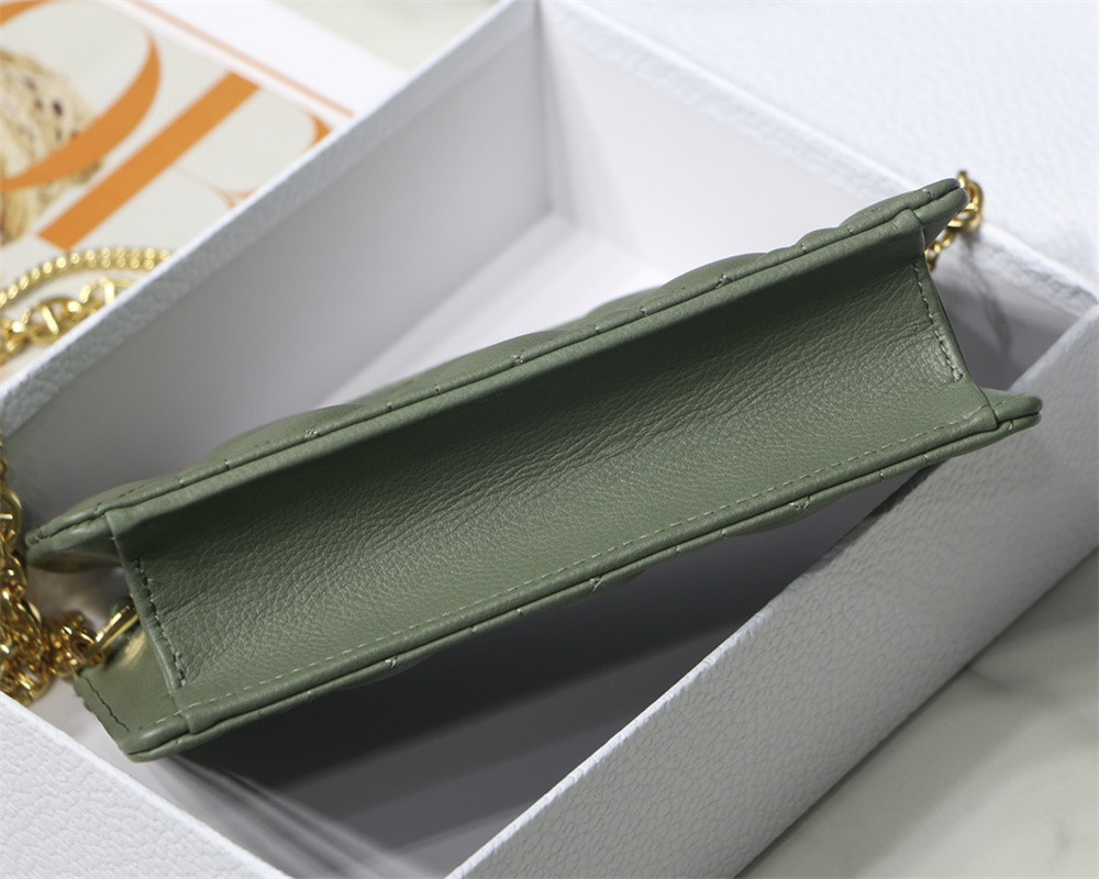 DIOR CARO ZIPPED POUCH WITH CHAIN Green Supple Cannage Calfskin 19 x 14 x 4.5 cm