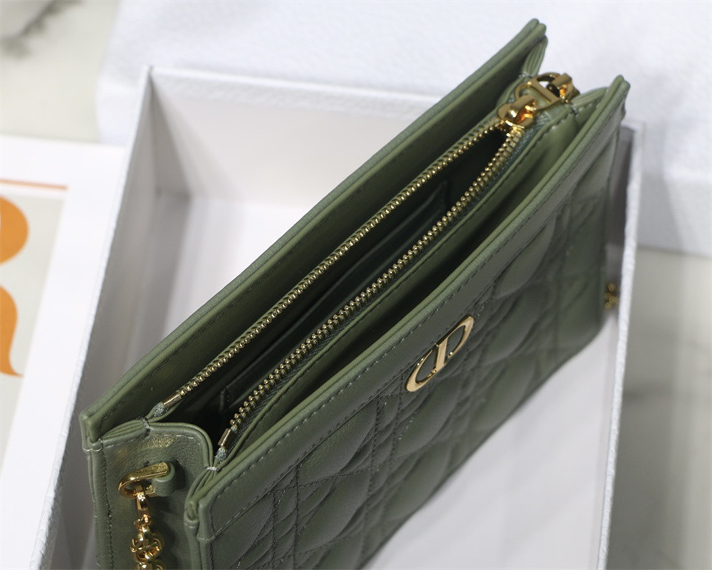 DIOR CARO ZIPPED POUCH WITH CHAIN Green Supple Cannage Calfskin 19 x 14 x 4.5 cm