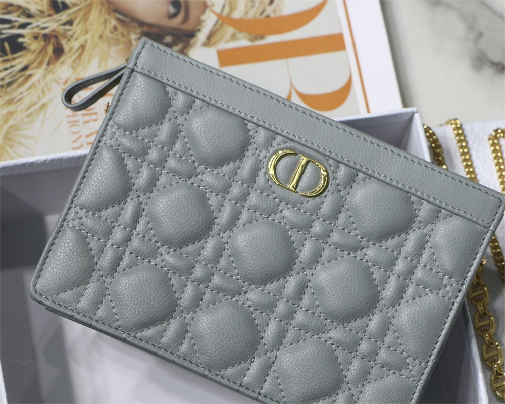 DIOR CARO ZIPPED POUCH WITH CHAIN Grey Supple Cannage Calfskin 19 x 14 x 4.5 cm