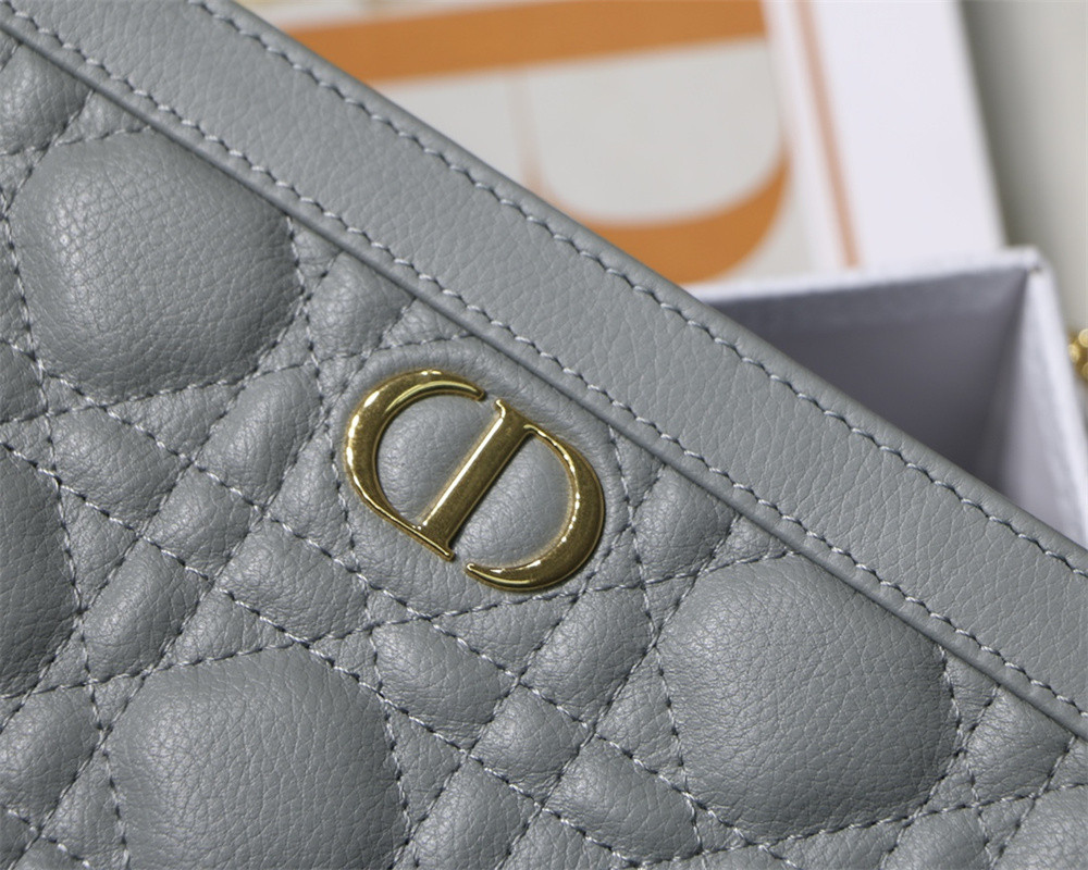 DIOR CARO ZIPPED POUCH WITH CHAIN Grey Supple Cannage Calfskin 19 x 14 x 4.5 cm