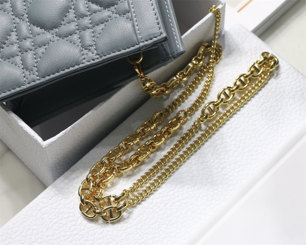 DIOR CARO ZIPPED POUCH WITH CHAIN Blue Supple Cannage Calfskin 19 x 14 x 4.5 cm