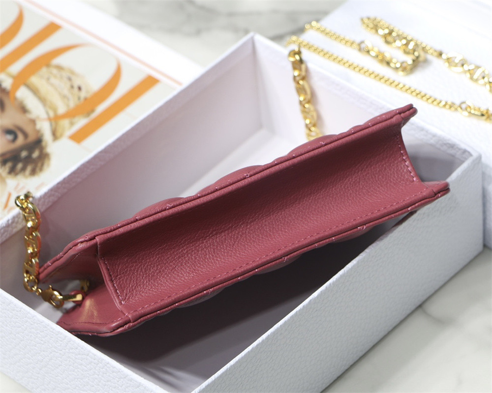 DIOR CARO ZIPPED POUCH WITH CHAIN Red Supple Cannage Calfskin 19 x 14 x 4.5 cm