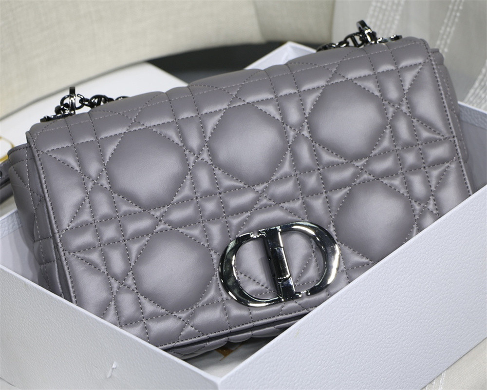 LARGE DIOR CARO BAG Stone Gray Supple Cannage Calfskin With Silver Hardware 29 x 18 x 10 cm
