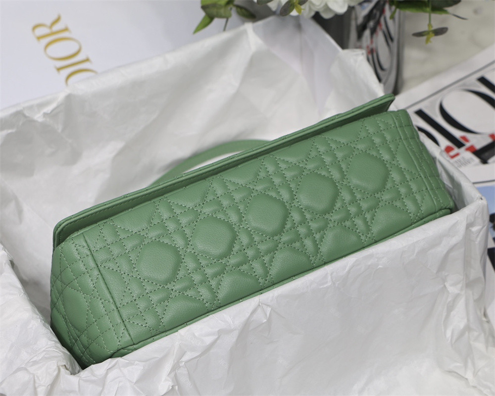 LARGE DIOR CARO BAG Green Supple Cannage Calfskin With Silver Hardware 29 x 18 x 10 cm