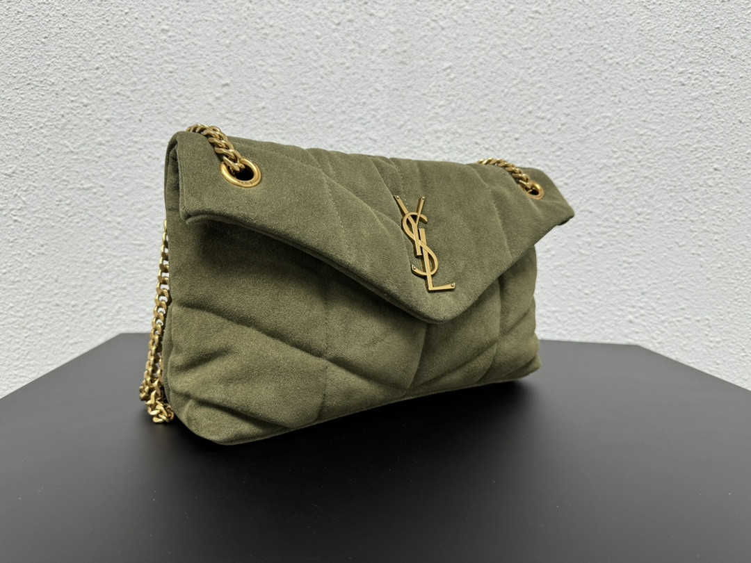 YSL PUFFER SMALL IN SHINY VELVET PALE OLIVE