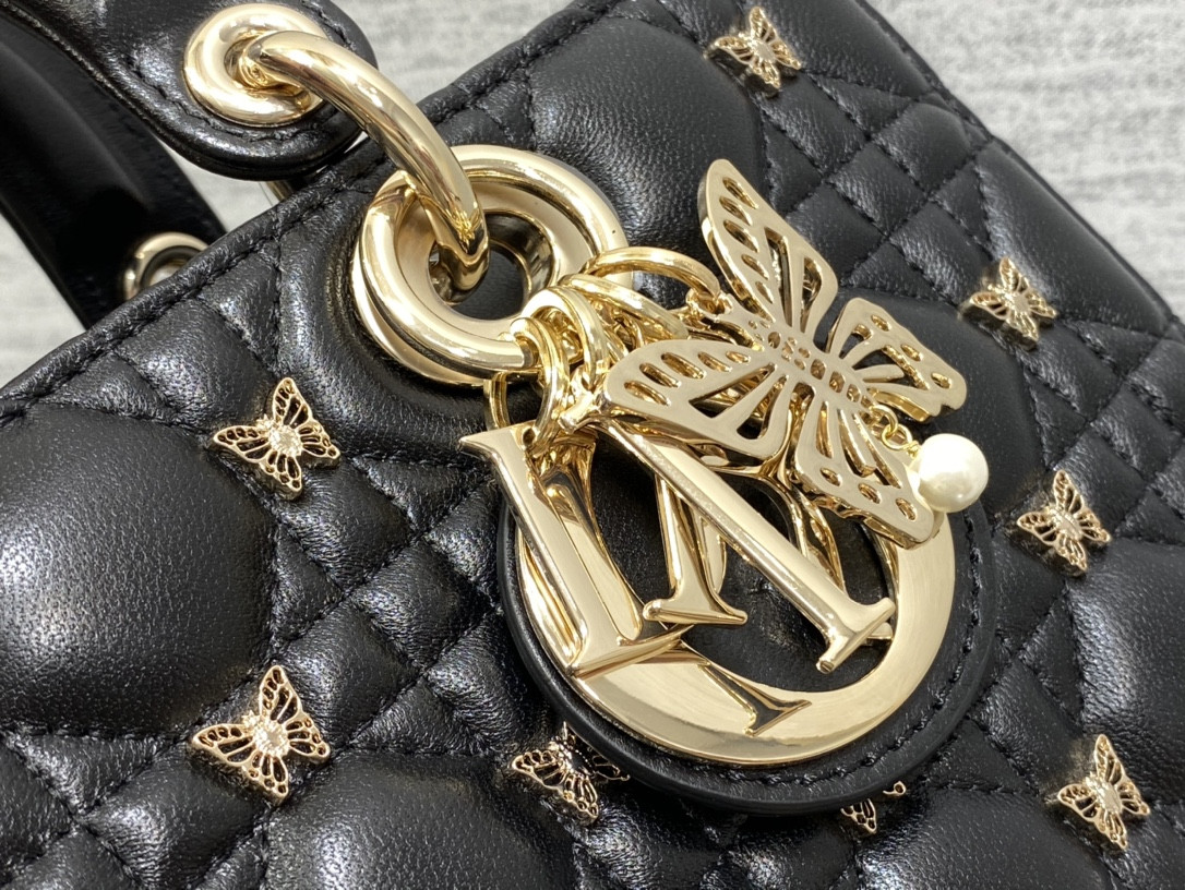 DIOR MEDIUM LADY D-JOY BAG Black with Butterfly Studs