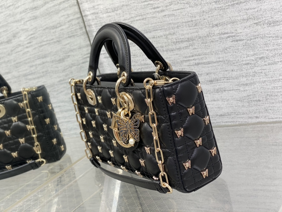 DIOR MEDIUM LADY D-JOY BAG Black with Butterfly Studs