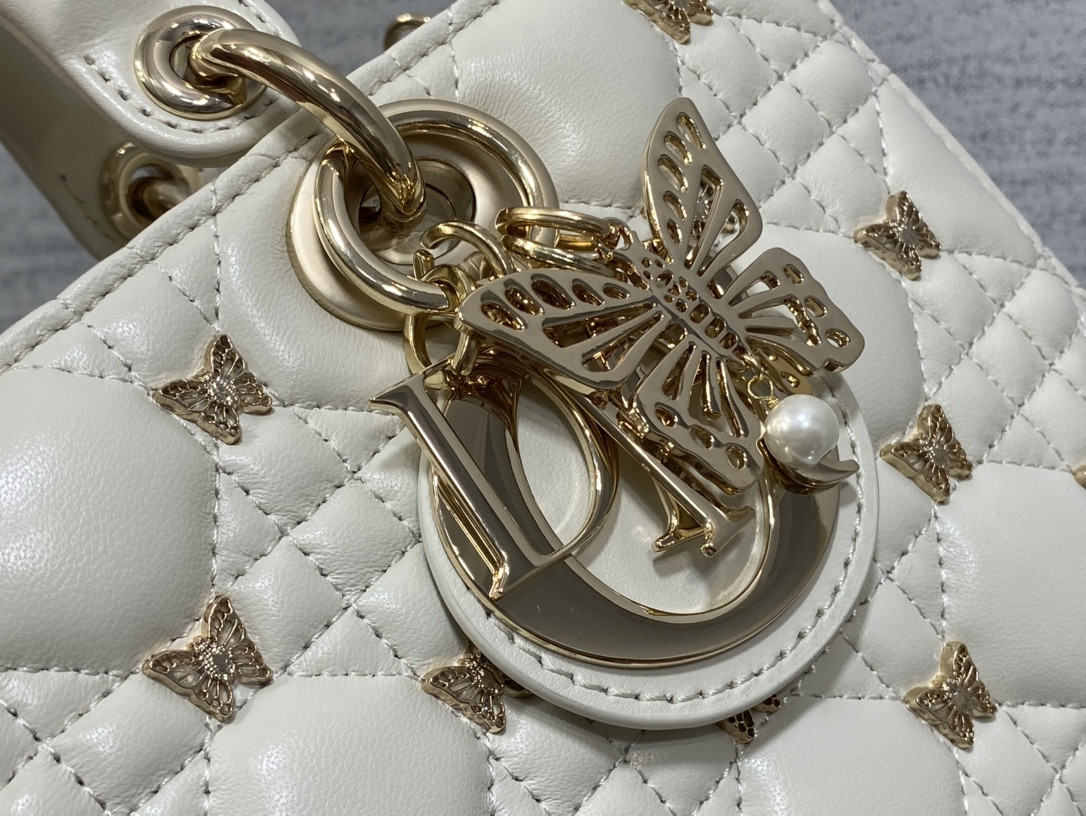 DIOR MEDIUM LADY D-JOY BAG White with Butterfly Studs