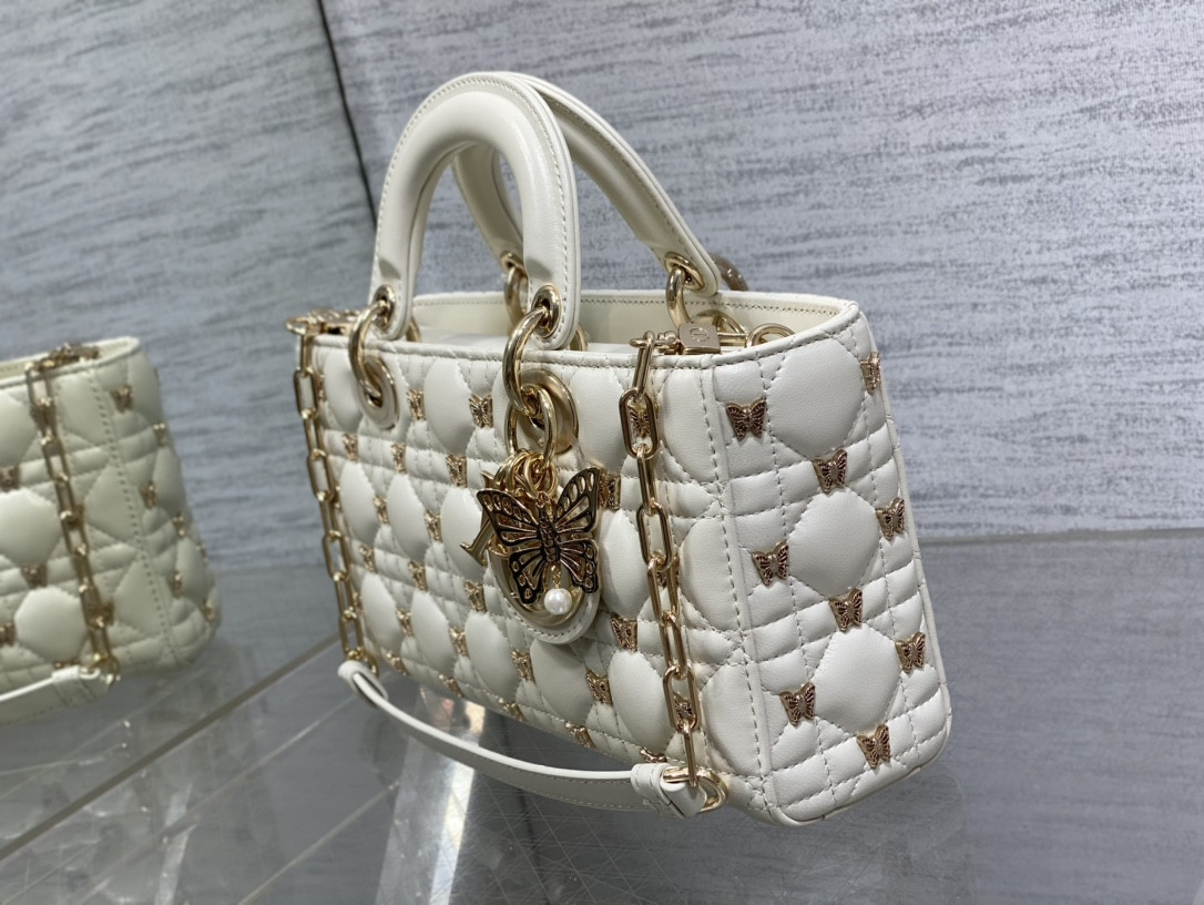 DIOR MEDIUM LADY D-JOY BAG White with Butterfly Studs
