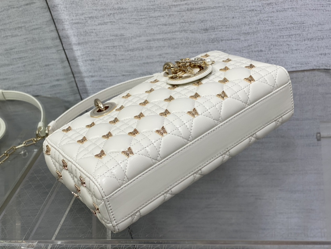 DIOR MEDIUM LADY D-JOY BAG White with Butterfly Studs
