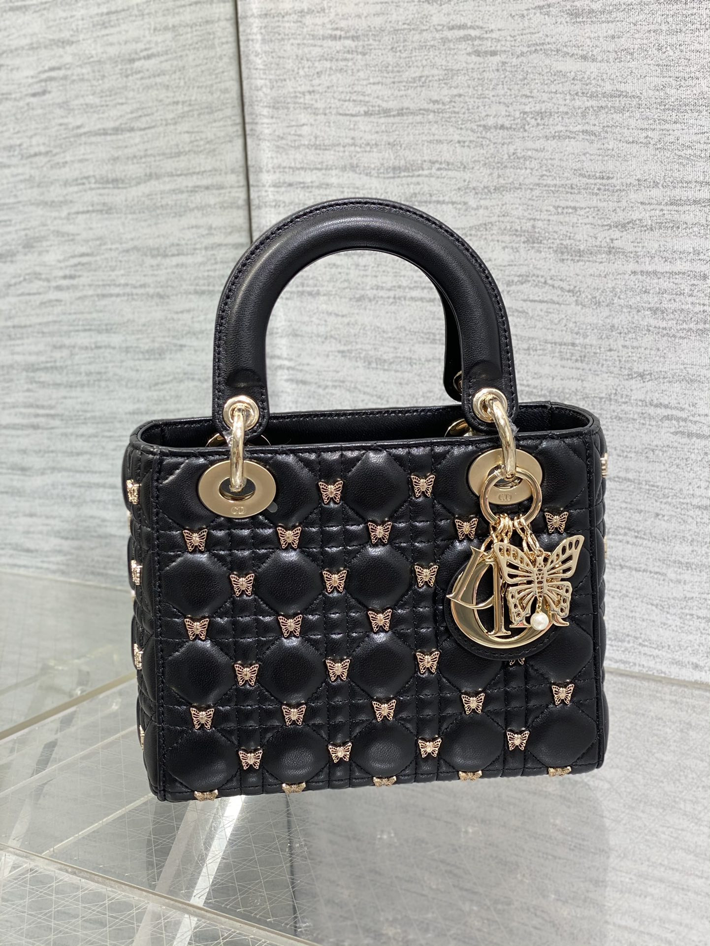 SMALL LADY DIOR Black with Butterfly Studs