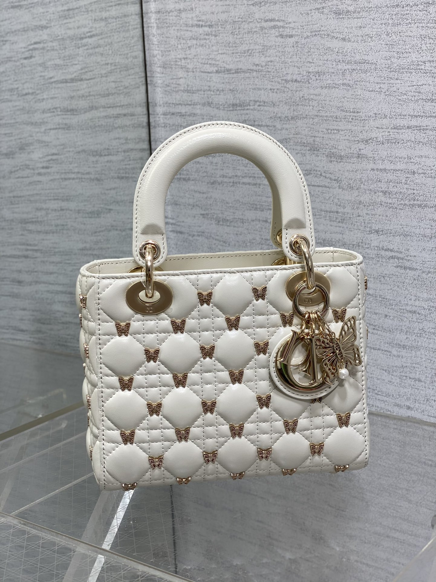 SMALL LADY DIOR White with Butterfly Studs