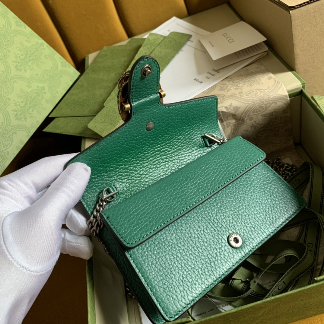GUCCI DIONYSUS LEATHER SUPER MINI BAG GREEN 6.5"Wx3.9"Hx1.6"D