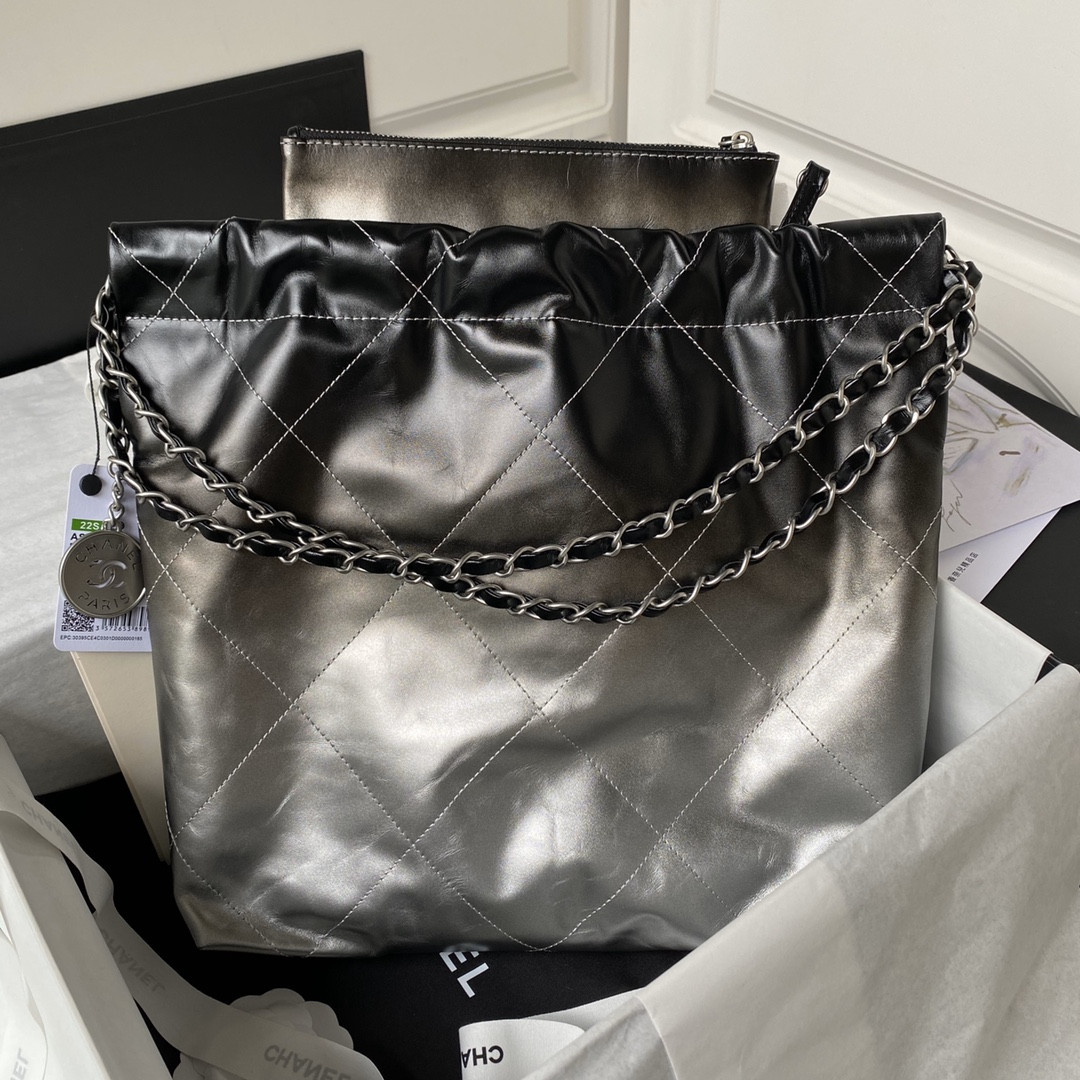 CHANEL 22 SMALL HANDBAG Shiny Calfskin SILVER 13.7×14.4×2.7 in