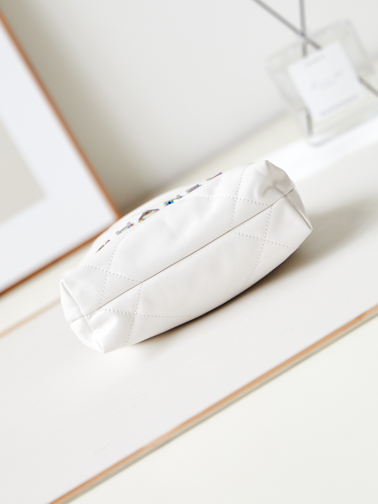 CHANEL 22 MINI HANDBAG Shiny Calfskin & Rainbow Metal White 7.8 × 7.4 × 2.3 in