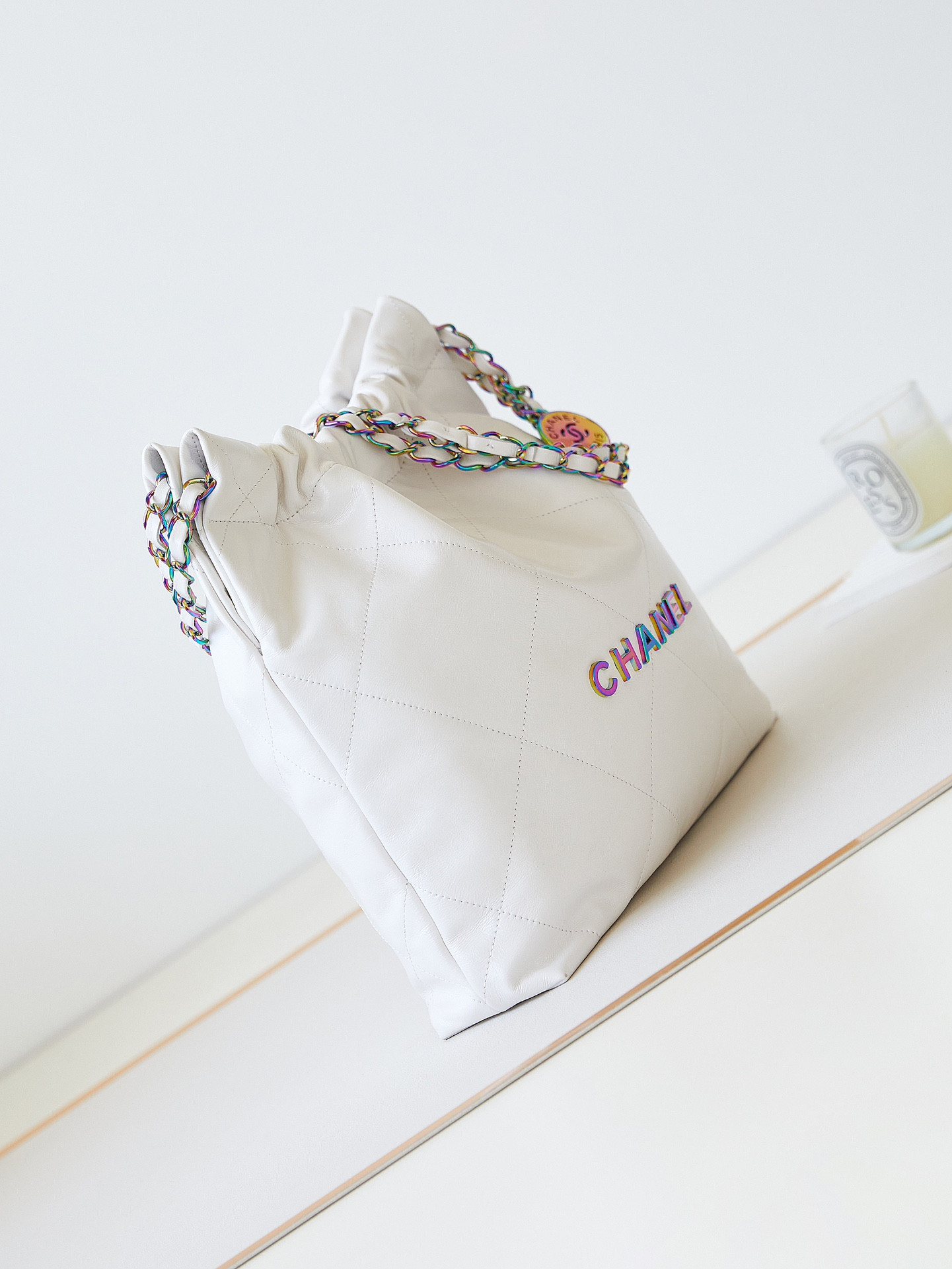 CHANEL 22 SMALL HANDBAG Shiny Calfskin & Rainbow Metal White 13.7×14.4×2.7 in