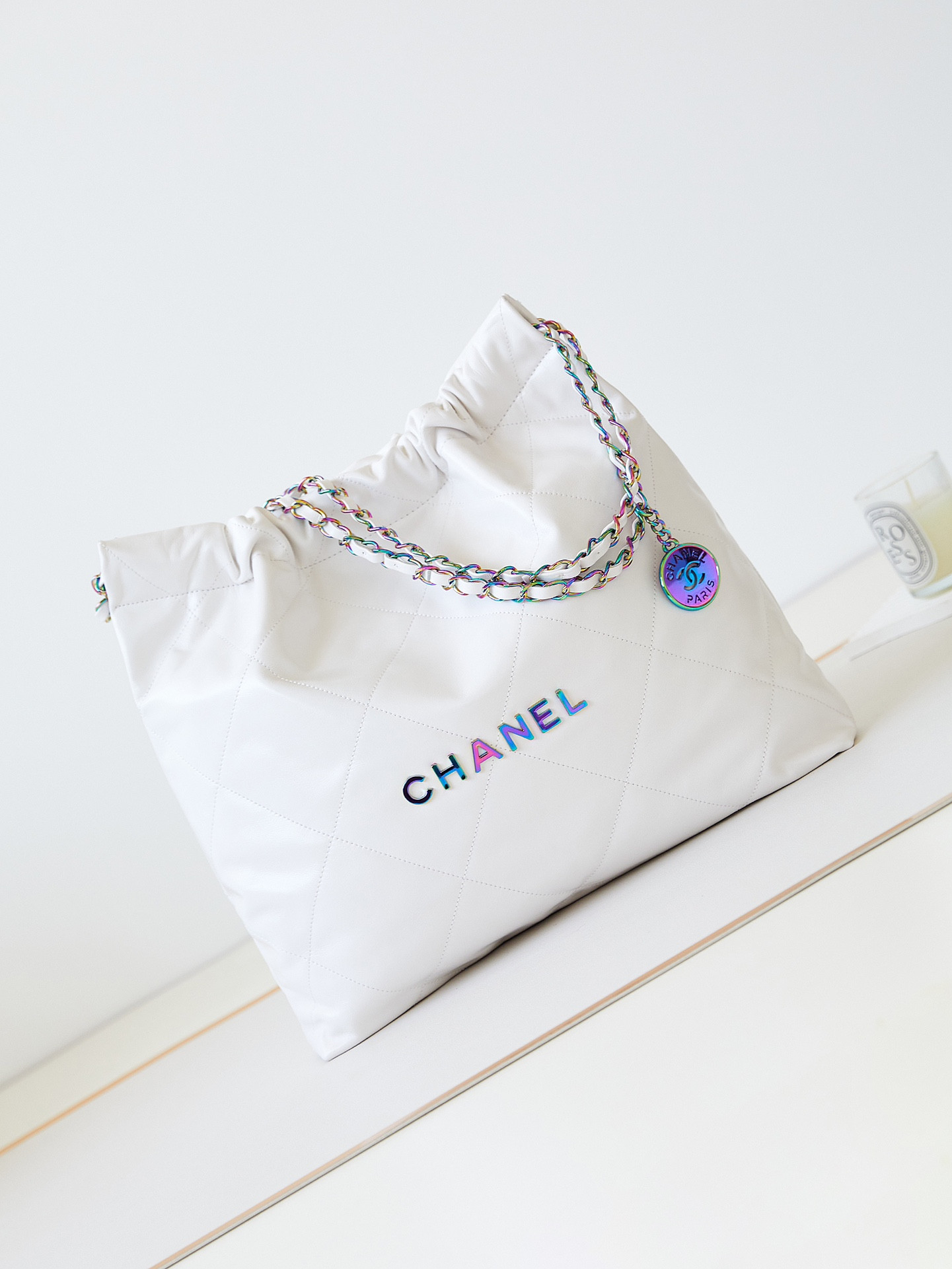 CHANEL 22 SMALL HANDBAG Shiny Calfskin & Rainbow Metal White 15.2×16.4×3.1 in